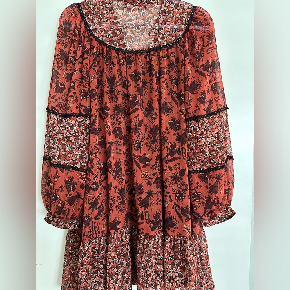 Zara | Red Floral Long Sleeve V-Neck Midi Dress Women’s Size L - Picture 2 of 5